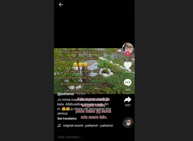 Viral wanita merekam suara misterius saat ziarah. (TikTok/@juehamzi)