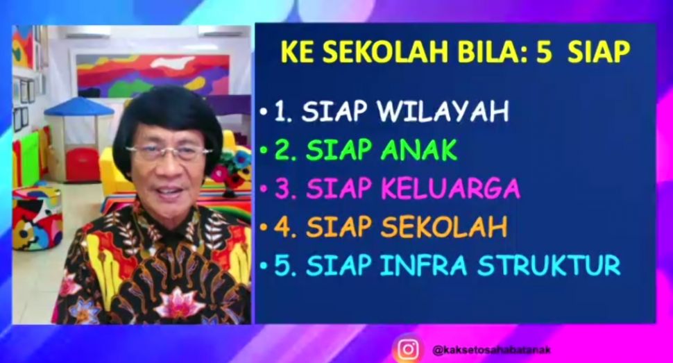 Psikolog anak Seto Mulyadi,(Kak Seto) dalam Webinar Parenting SD Budi Mulia Dua Pandeansari, Sabtu (16/10/2021).