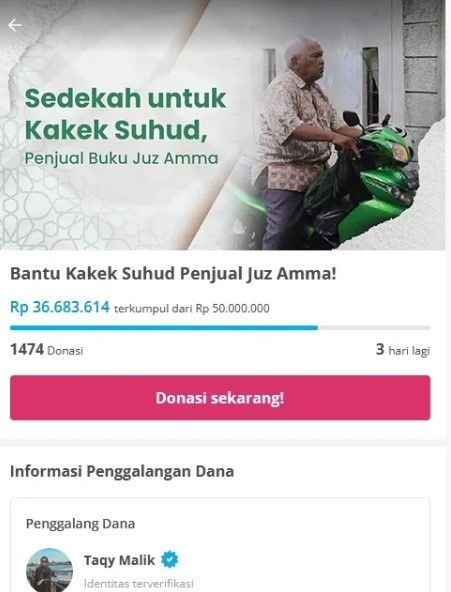 Artis beri bantuan ke kakek Suhud. (Kitabisa)