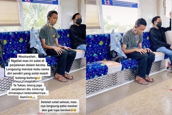 Viral Cowok Salat di Kursi Penumpang KRL. (TikTok)