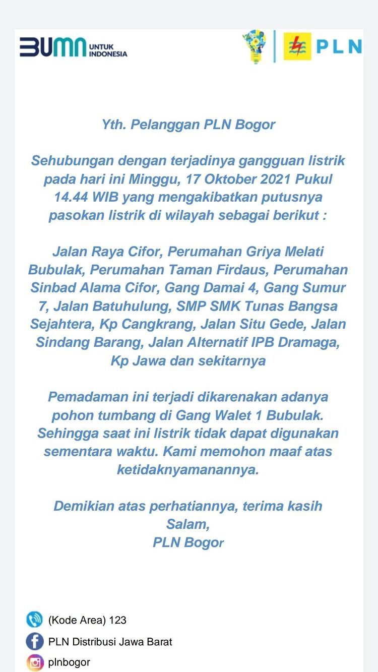 Info pemadaman PLN Bogor. [Instagram]