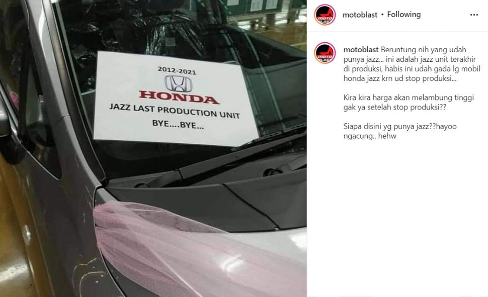 Honda Jazz terakhir yang diproduksi. (Instagram/@motoblast)