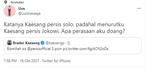 Kicauan Uus soal Kaesang dan Persis Solo. [Uus / Twitter]