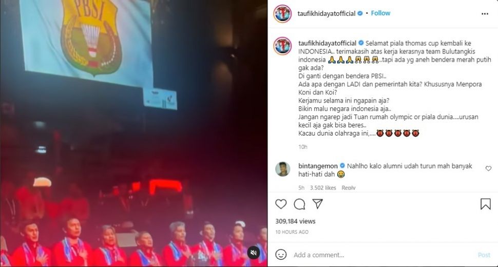 Taufik Hidyat marah ke pemerintah karena bendera Merah Putih tak bisa berkibar di podium Piala Thomas 2020. - (Instagram/@taufikhidayatofficial)