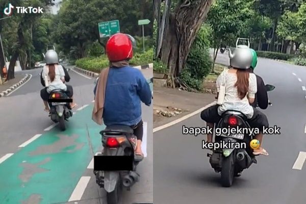 Viral Helm Penumpang Ojol Bikin Salfok. (TikTok)