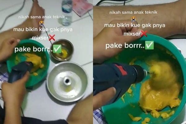 Nikahi Anak Teknik, Cewek Ini Nangis Suami Aduk Adonan Kue Pakai Alat Tukang. (TikTok)