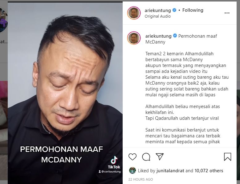 McDanny minta maaf usai video dugaan ia menghina Habib Rizieq viral [Instagram/@ariekuntung]