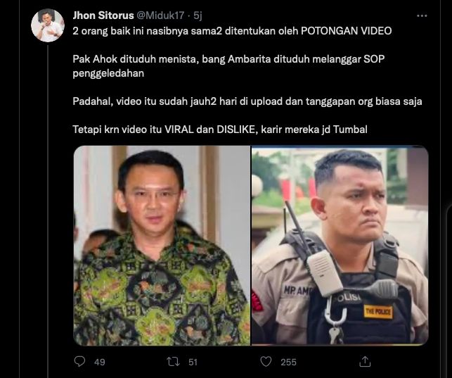 Aipda Ambarita dimiripkan Ahok, terpeleset karena video [Twitter]