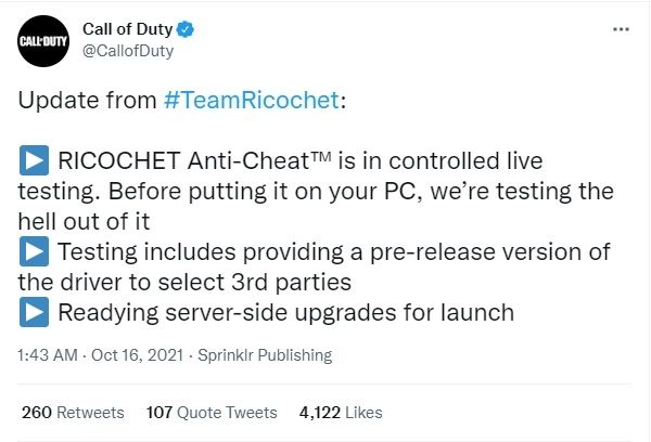 Anti-cheat baru Call of Duty Warzone dan Call of Duty Vanguard, Ricochet. [Twitter]