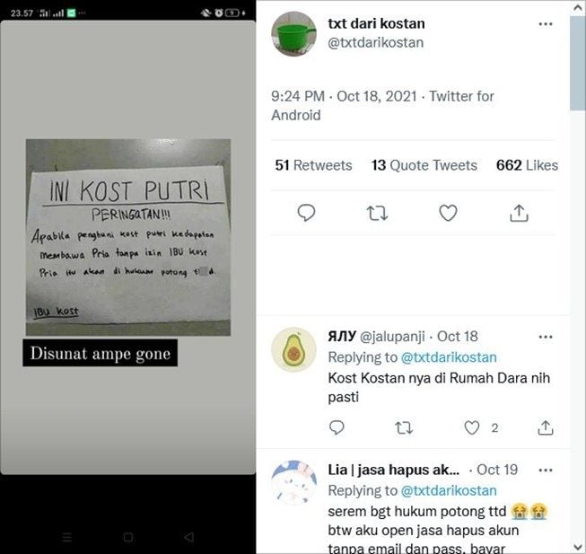 Viral ibu kos melarang penghuni kamar bawa cowok, kalau melanggar hukumannya bikin ngilu. (Twitter/@txtdarikostan)