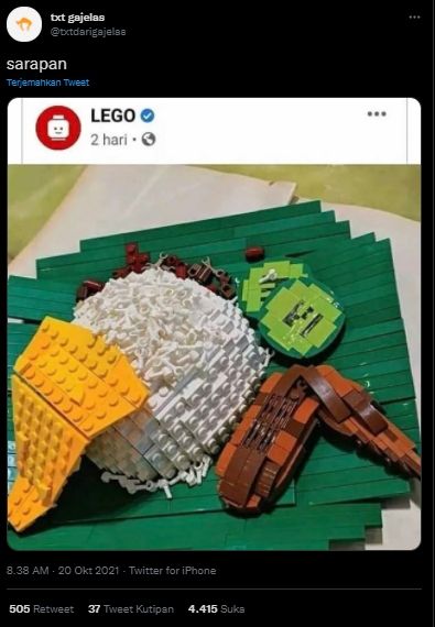 Viral LEGO Buat Replika Nasi Lemak, Publik: Apa Tidak Bikin Usus Buntu? (Twitter/txtdarigajelas)