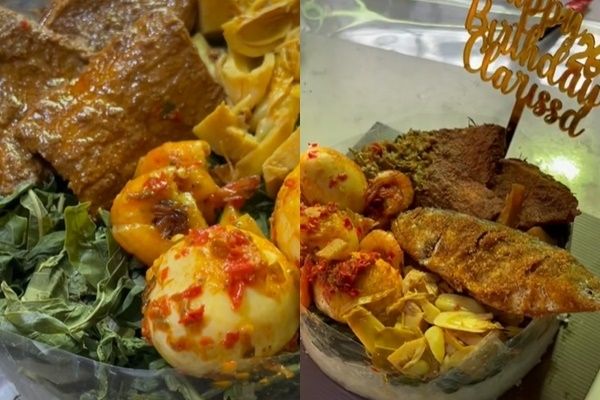 Viral Adik Bikin Kue Ultah Dari Nasi Padang Untuk Kakak. (TikTok)