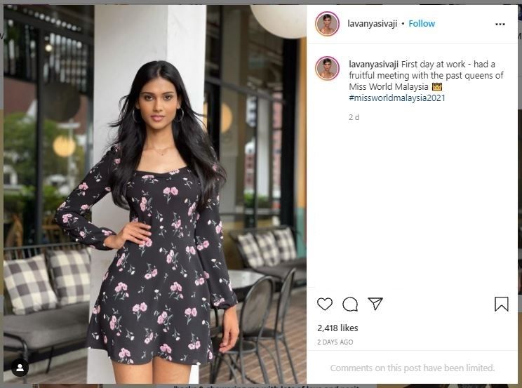 Miss World Malaysia 2021 Lavanya Sivaji (instagram.com/lavanyasivaji)