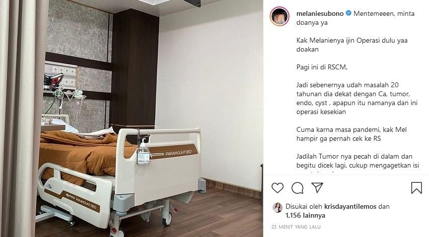 Melanie Subono mengabarkan tentang kondisi kesehatannya. Melanie akan menjalani operasi pengangkatan tumor Kamis (21/10/2021) pagi ini di RSCM, Jakarta. [Instagram]