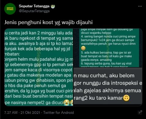 Curhatan anak kos. (Twitter/SeputarTetangga)