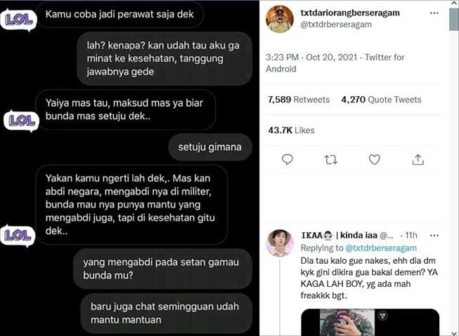 Viral chat pria minta pacar jadi perawat. (Twitter/@txtdrberseragam)