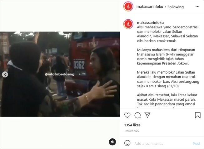 Viral aksi ibu-ibu berhasil bubarkan demo mahasiswa. (Instagram/@makassarinfoku)