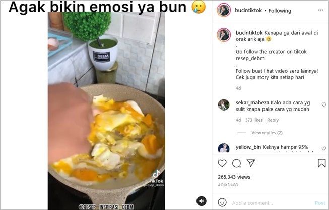 Cara wanita ini masak telur picu emosi publik. (TikTok/@bucintiktok)