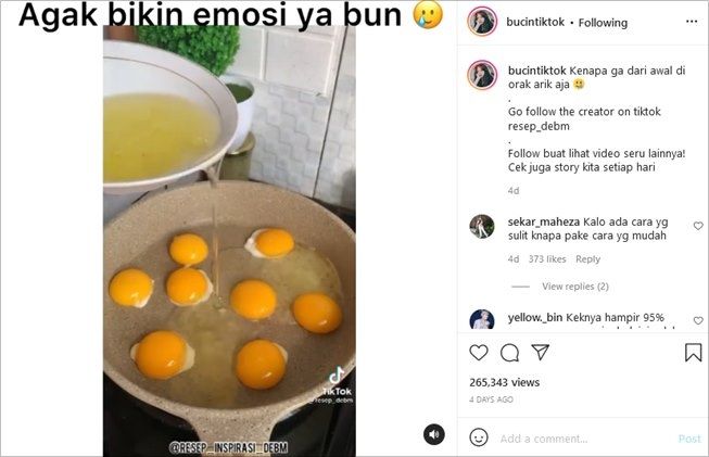 Cara wanita ini masak telur picu emosi publik. (TikTok/@bucintiktok)