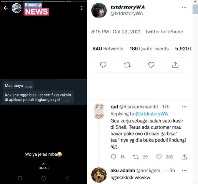 Wanita gagal cek sertifikat vaksin, penyebabnya kocak. (Twitter/@txtdrstoryWA)