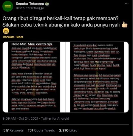 Viral Anak Kos Tak Tahan Tetangga Teriak Setiap Malam. (Twitter/@SeputarTetangga)