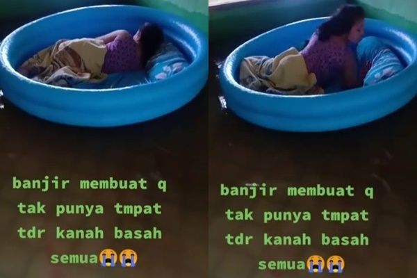 Viral Cewek Tidur Pakai Ini Saat Rumah Kebanjiran. (TikTok)