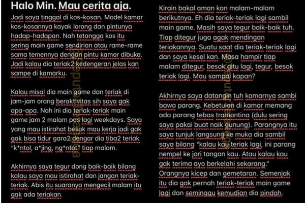 Viral Anak Kos Tak Tahan Tetangga Teriak Setiap Malam. (Twitter/@SeputarTetangga)