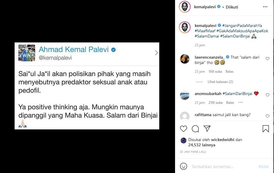 Komentar Kemal Palevi soal Saipul Jamil yang tak mau disebut predator seksual atau pedofil. [Instagram]