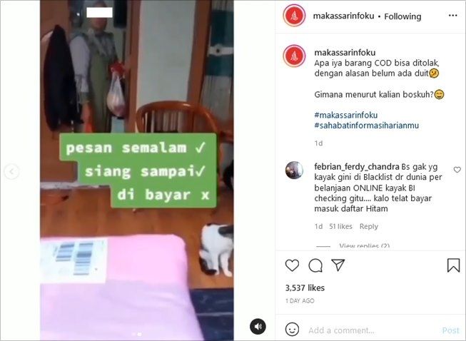 Viral ibu-ibu tolak bayar paket COD bikin kurir geram. (Instagram/@makassarinfoku)