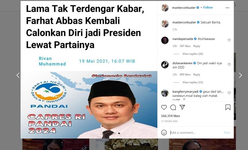 Unggahan Deddy Corbuzier soal Farhat Abbas [Instagram]