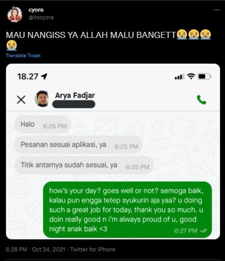 Isi pesan dari pelanggan kepada driver ojol. (Twitter/@itscyora)