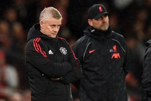 Gestur manajer Manchester United Ole Gunnar Solskjaer saat timnya dihabisi Liverpool lima gol tanpa balas di Old Trafford dalam lanjutan Liga Premier Inggris 2021/22, Minggu (24/10/2021). [AFP]