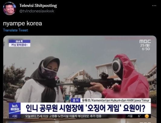 Kabar soal seleksi CPNS berkonsep Squid Game jadi sorotan stasiun TV Korea. (Twitter/tvindonesiawkwk)