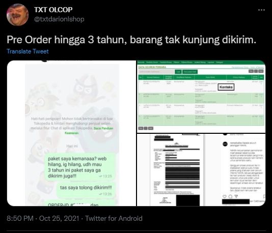 Tiga tahun pesanan tak kunjung dikirim. (Twitter/txtdronlshop)