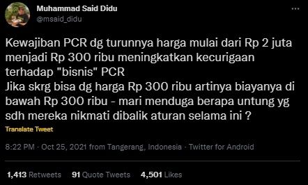 Said Didu Curiga PCR Selama Ini Jadi Ladang Bisnis. (Twitter/@msaid_didu)