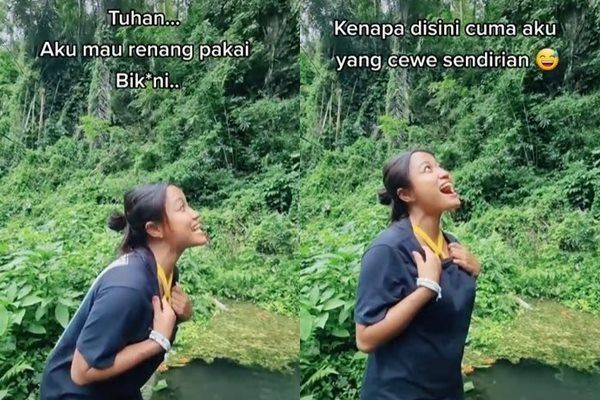 Viral Cewek Teriak Mau Renang Pakai Bikini di Umbul. (TikTok)