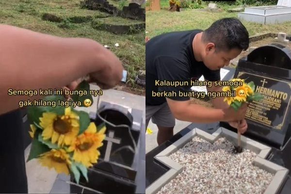 Viral Cowok Paku Bunga di Kuburan Karena Sering Dicuri Maling. (TikTok)