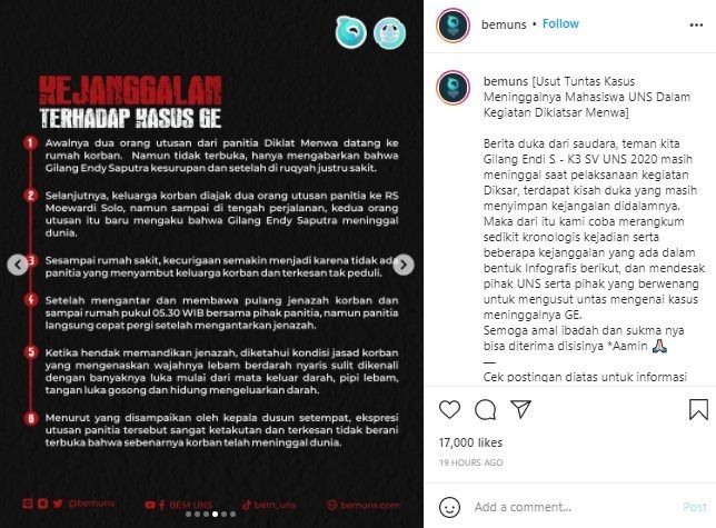 BEM UNS Ungkap 6 Kejanggalan Kasus Meninggalnya Mahasiswa Saat Diklatsar Menwa. (Instagram/@bemuns)