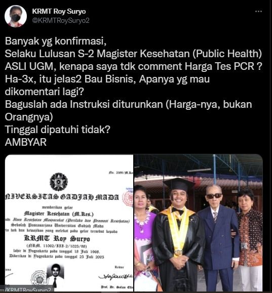 Roy Suryo soal penurunan harga tes PCR. (Twitter/KRMTRoySuryo2)