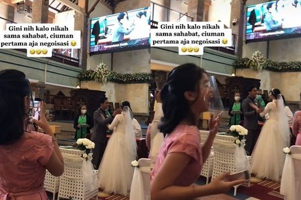 Viral Momen Ciuman Pertama Pengantin Seusai Pemberkatan Bikin Ngakak. (TikTok)