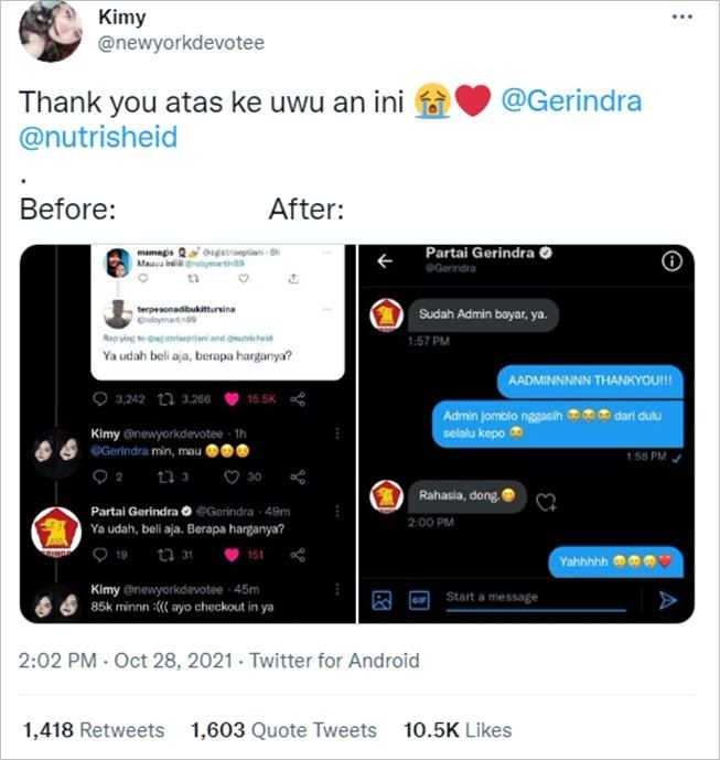 Viral wanita iseng minta belikan makeup ke akun Twitter Partai Gerindra, responsnya menghebohkan. (Twitter/@newyorkdevotee)