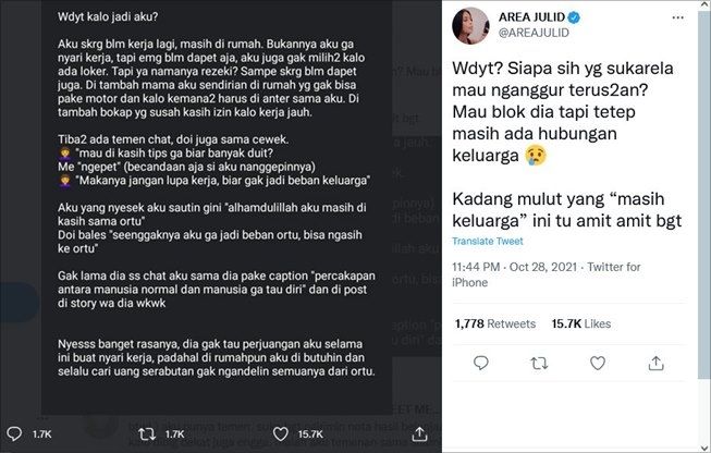 Curhat wanita disindir saudara sendiri gara-gara masih nganggur. (Twitter/@AREAJULID)