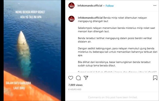 Viral nelayan temukan benda mirip roket. (Instagram/@infokomando.official)