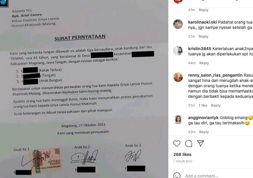 Unggahan surat penyerahan orang tua [instagram]