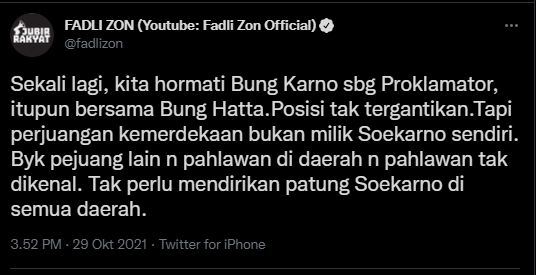 Respon Fadli Zon soal wacana patung Soekarno didirikan di setiap daerah. (Twitter/Fadli Zon)