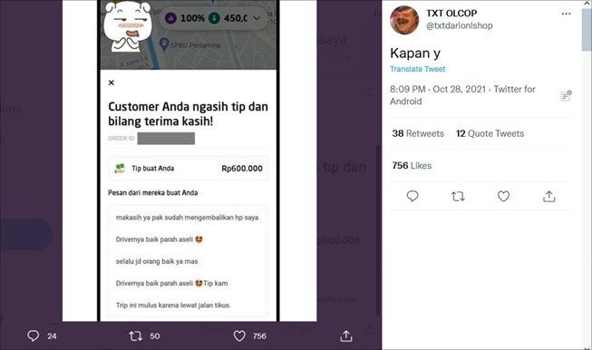 Driver ojol dapat tips setara uang makan satu bulan, jadi sorotan. (Twitter/@txtdarionlshop)