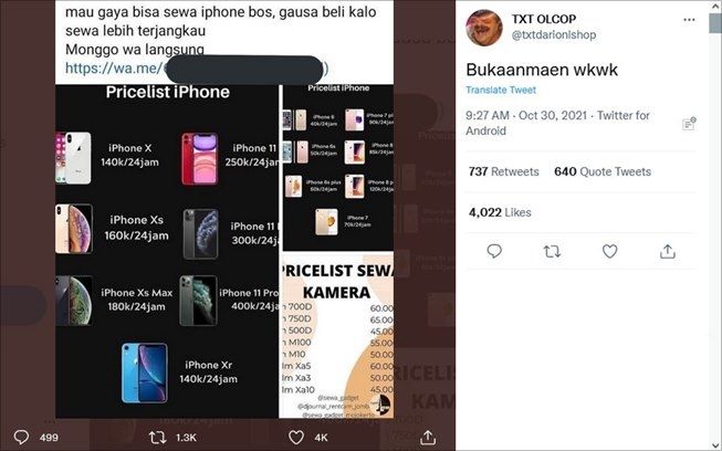 Viral Jasa Sewa Ponsel iPhone, Tarif per Harinya Jadi Sorotan. (Twitter/@txtdarionlshop)