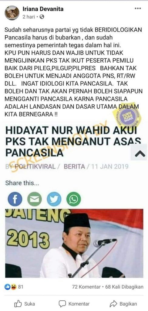 Hidayat Nur Wahid Akui PKS Tak Menganut Asas Pancasila, Benarkah? (Turnbackhoax.id)