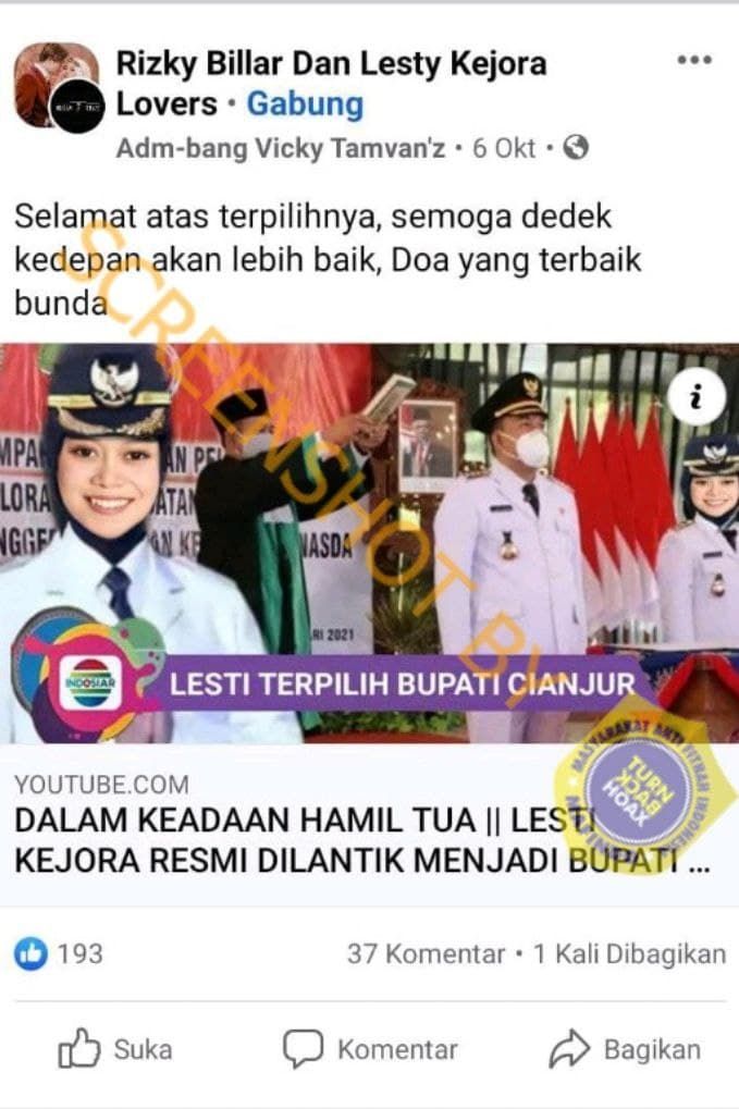 Cek Fakta: Benarkah Lesti Kejora Terpilih Menjadi Bupati Cianjur? (Turnbackhoax.id)