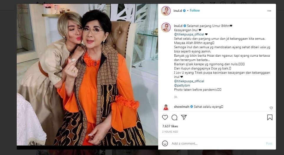 Unggahan Inul Daratista tentang Titiek Puspa [Instagram]